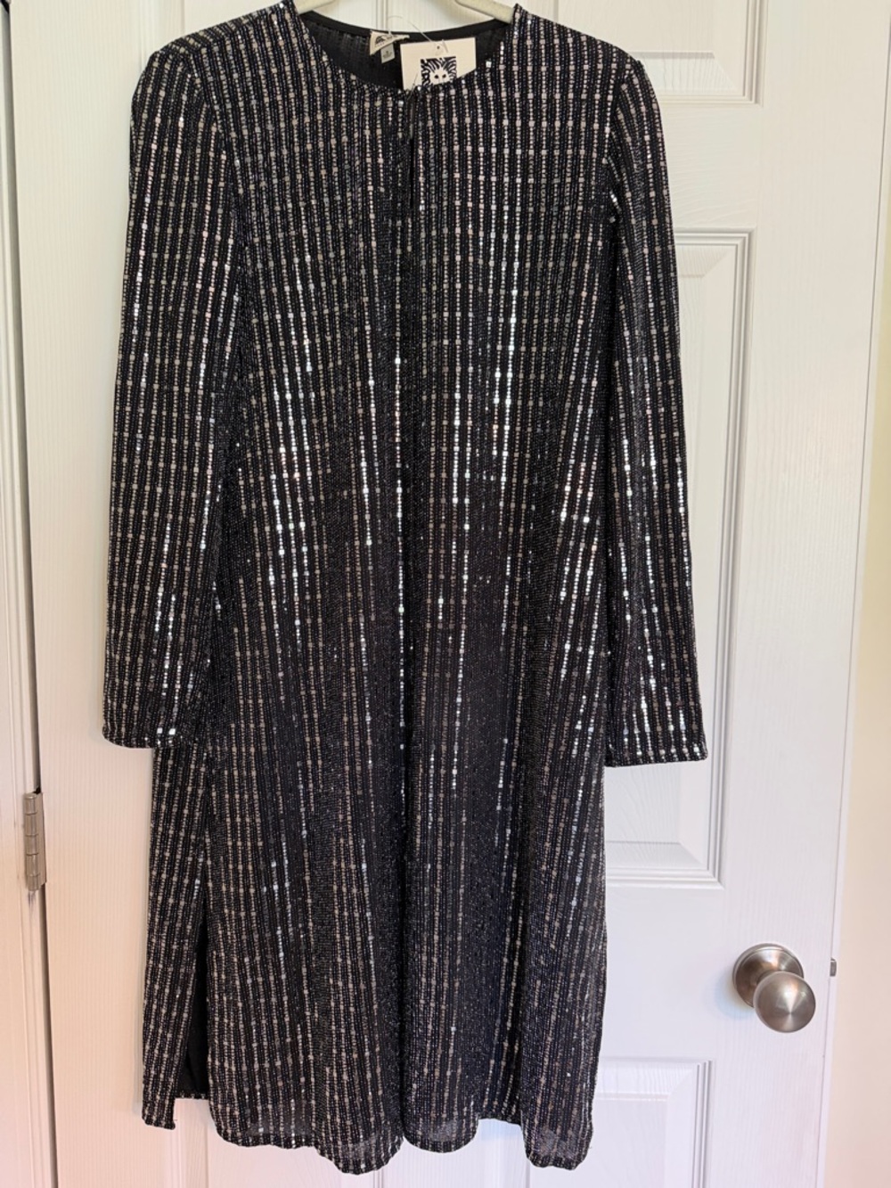 Anne Klein Black and Silver Sparkle Stripe Long Sleeve Dress